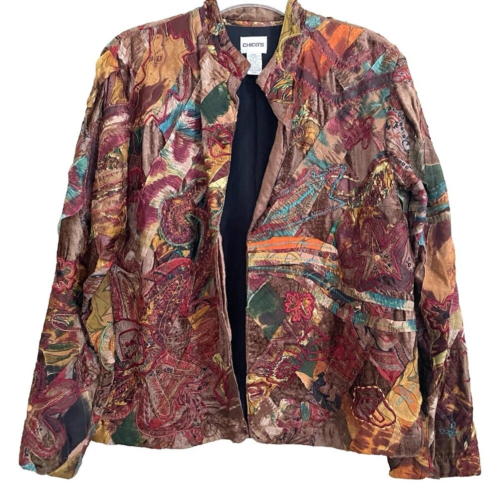 Chico's Patchwork Jacket Blazer Size 1 US Medium Open Front Abstract Art to Wear